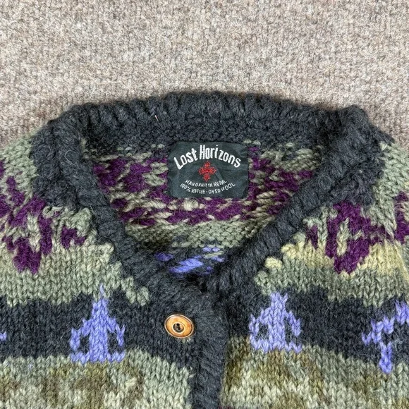 Vintage Lost Horizons Hand Knit 100% Wool Fair Isle Cardigan Sweater Womens L/XL - Picture 4 of 9